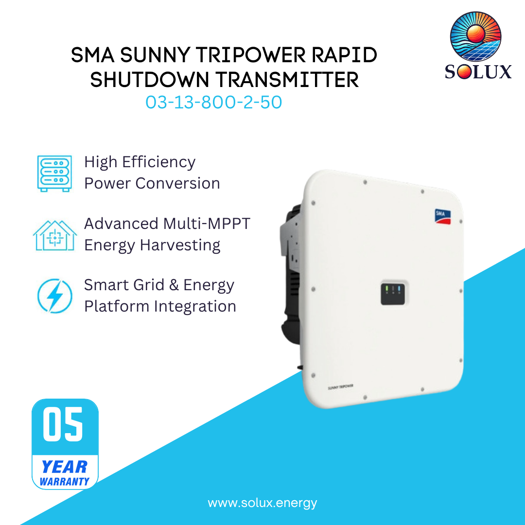 SOLUX SMA Sunny TriPower Rapid Shutdown Transmitter product graphic on a white and blue background, showing the white rectangular inverter unit with feature callouts and a 05-year warranty badge.